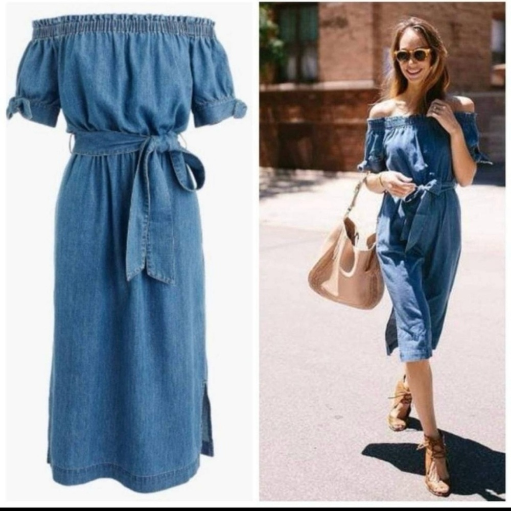 J.Crew Tie Waist Chambray Blue Off the Shoulder Puff Sleeve Midi Dress Sz 12P